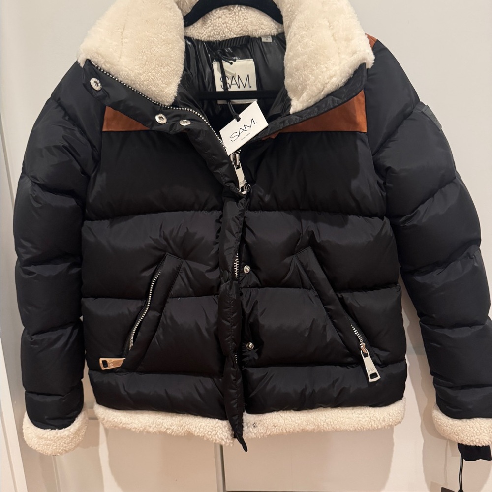 SAM Black Puffer Jacket with Brown and Cream Details